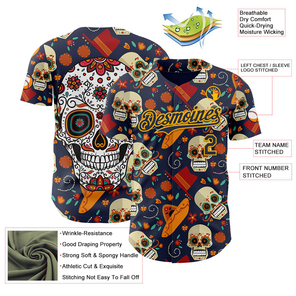 Custom Navy Gold Sugar Skull Day of the Dead Mexican Folk Art Authentic Baseball Jersey view 3