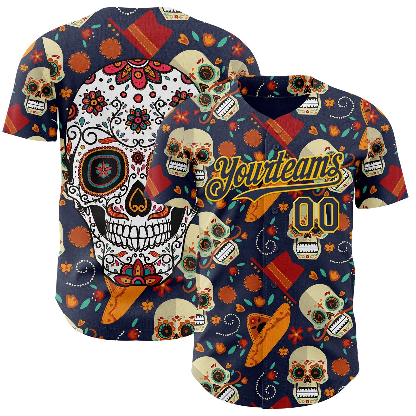 Custom Navy Gold Sugar Skull Day of the Dead Mexican Folk Art Authentic Baseball Jersey - Main View