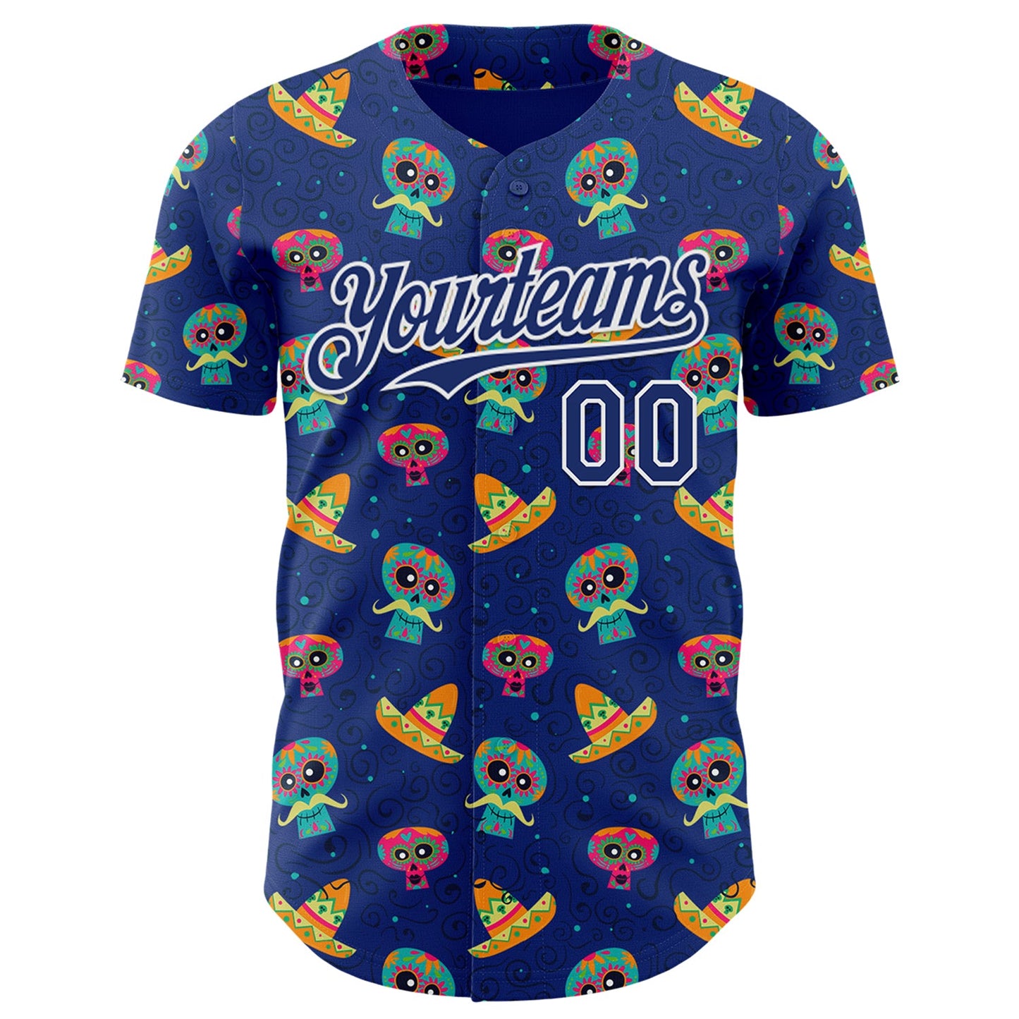 Custom Royal White Sugar Skull Day of the Dead Mexican Folk Art Authentic Baseball Jersey view 2