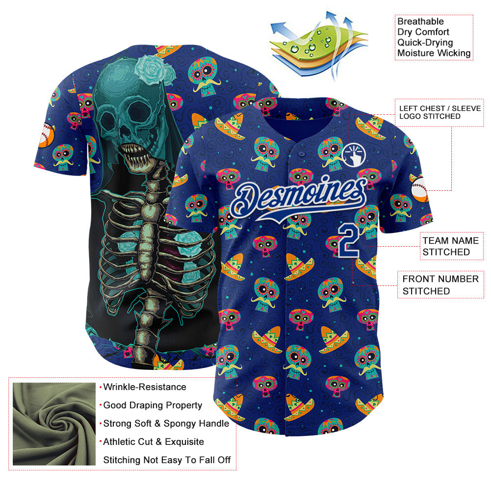 Custom Royal White Sugar Skull Day of the Dead Mexican Folk Art Authentic Baseball Jersey view 3
