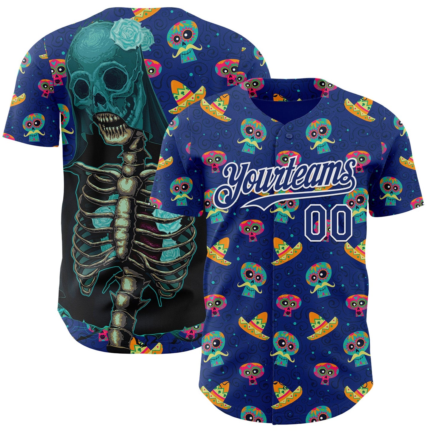 Custom Royal White Sugar Skull Day of the Dead Mexican Folk Art Authentic Baseball Jersey - Main View