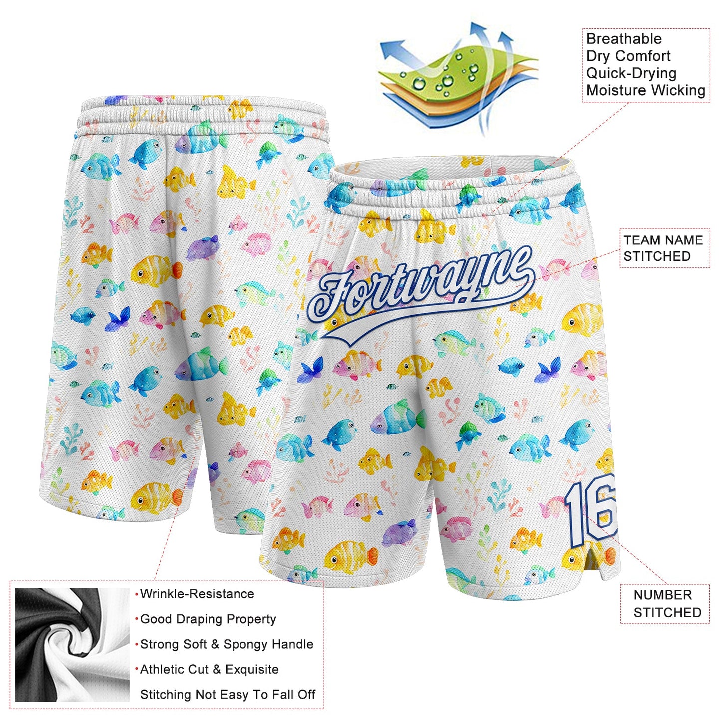 Custom White Royal 3D Pattern Fish Authentic Basketball Shorts view 2