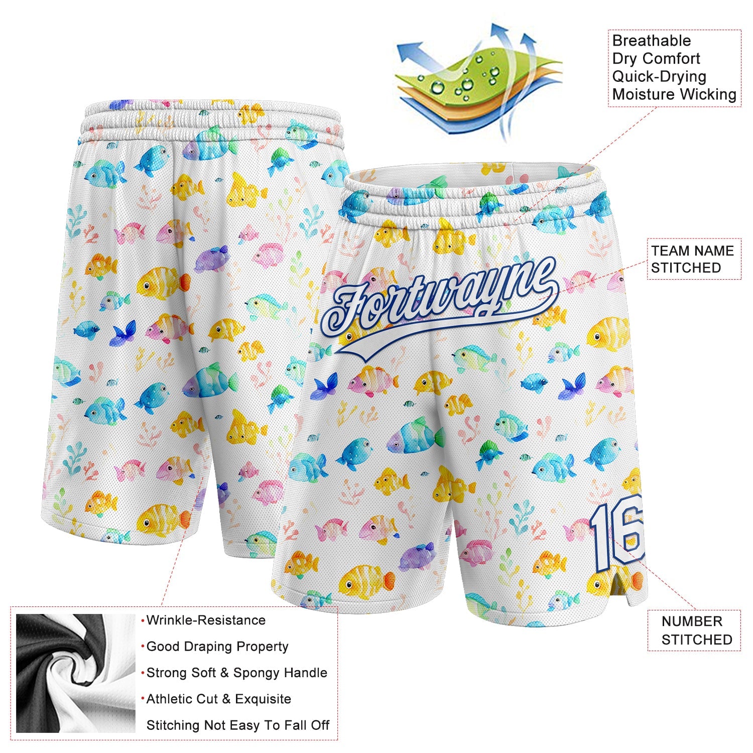 Custom White Royal 3D Pattern Fish Authentic Basketball Shorts view 2