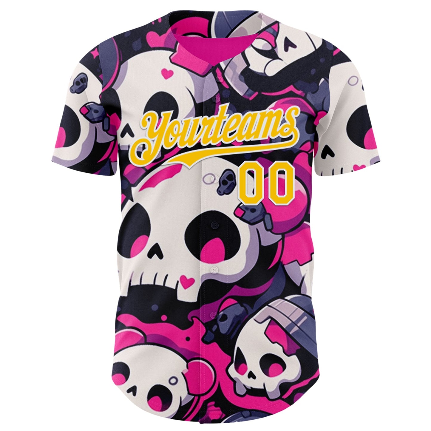 Custom Black Yellow Hot Pink-White Sugar Skull Day of the Dead Mexican Folk Art Authentic Baseball Jersey view 2