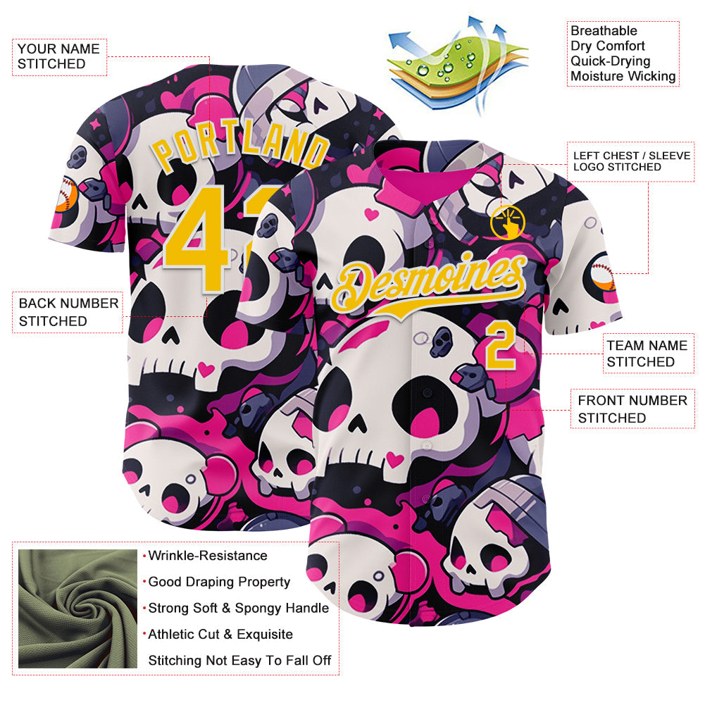 Custom Black Yellow Hot Pink-White Sugar Skull Day of the Dead Mexican Folk Art Authentic Baseball Jersey view 3