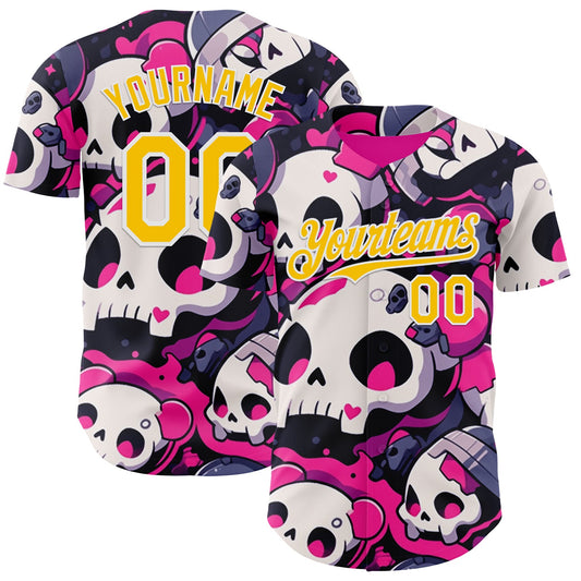 Custom Black Yellow Hot Pink-White Sugar Skull Day of the Dead Mexican Folk Art Authentic Baseball Jersey - Main View
