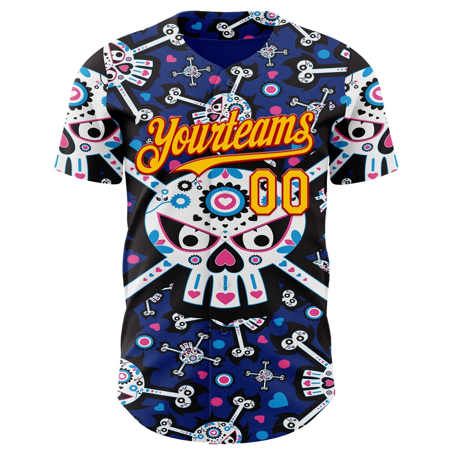 Custom Royal Gold-Red Sugar Skull Day of the Dead Mexican Folk Art Authentic Baseball Jersey view 2