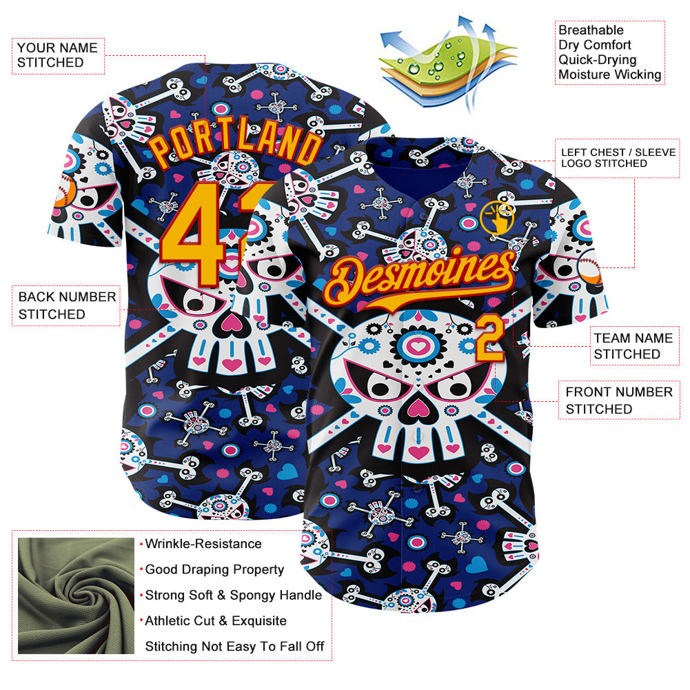 Custom Royal Gold-Red Sugar Skull Day of the Dead Mexican Folk Art Authentic Baseball Jersey view 3