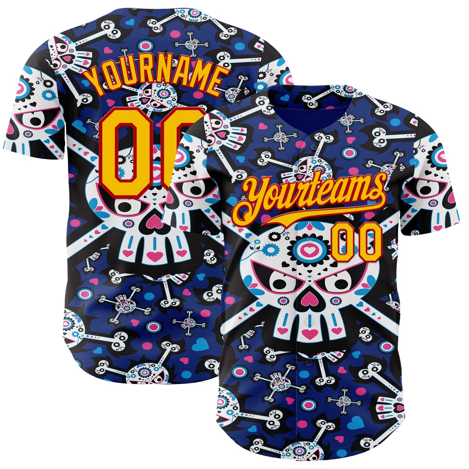 Custom Royal Gold-Red Sugar Skull Day of the Dead Mexican Folk Art Authentic Baseball Jersey - Main View