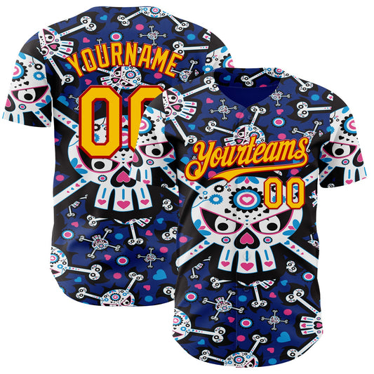 Custom Royal Gold-Red Sugar Skull Day of the Dead Mexican Folk Art Authentic Baseball Jersey - Main View