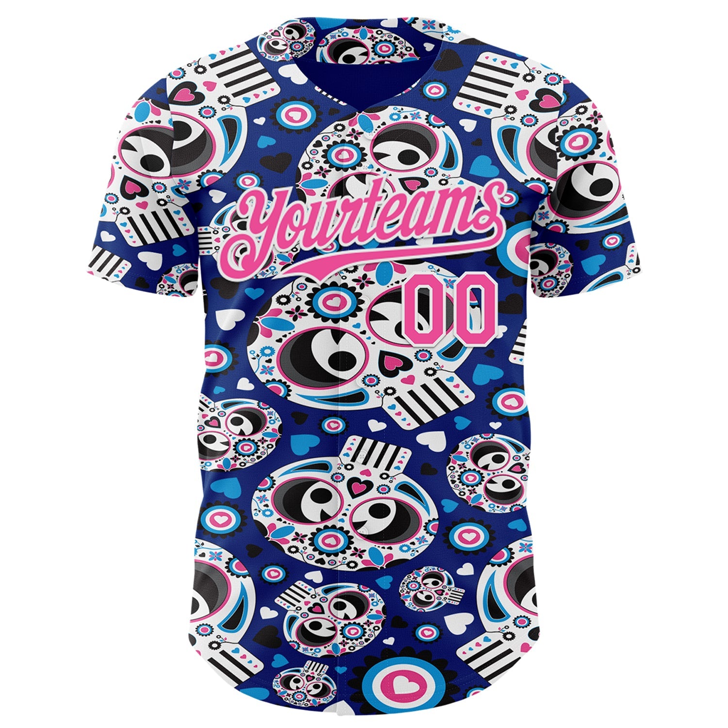 Custom Royal Pink-White Sugar Skull Day of the Dead Mexican Folk Art Authentic Baseball Jersey view 2