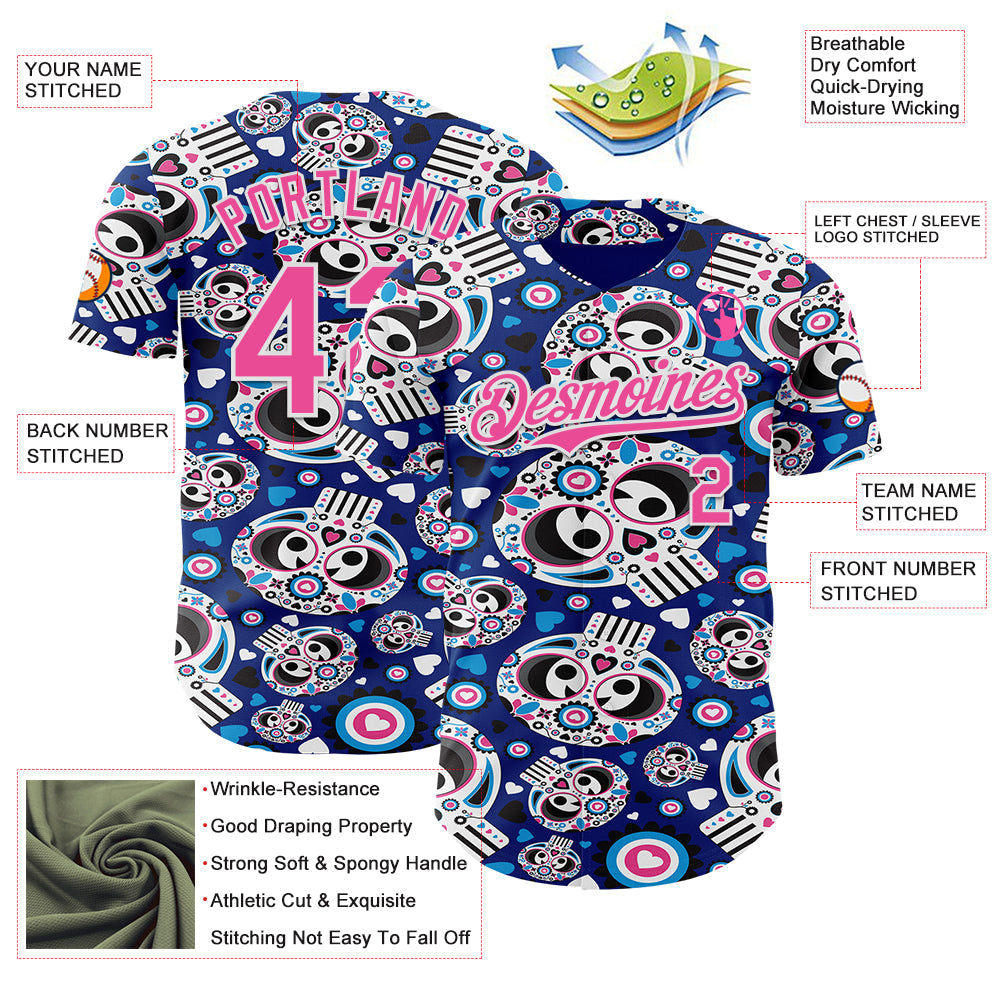 Custom Royal Pink-White Sugar Skull Day of the Dead Mexican Folk Art Authentic Baseball Jersey view 3