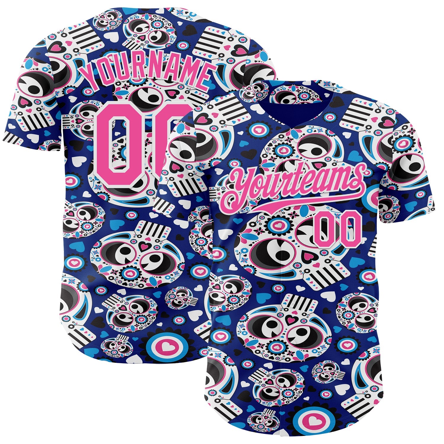 Custom Royal Pink-White Sugar Skull Day of the Dead Mexican Folk Art Authentic Baseball Jersey - Main View