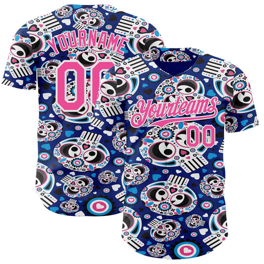 Custom Royal Pink-White Sugar Skull Day of the Dead Mexican Folk Art Authentic Baseball Jersey - Main View