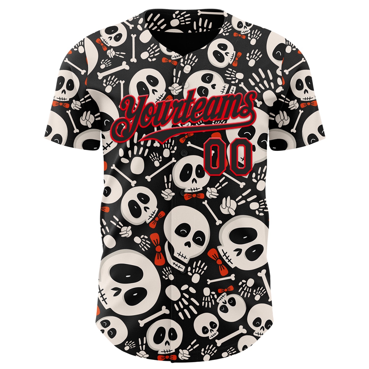 Custom Black Fire Red Sugar Skull Day of the Dead Mexican Folk Art Authentic Baseball Jersey view 2