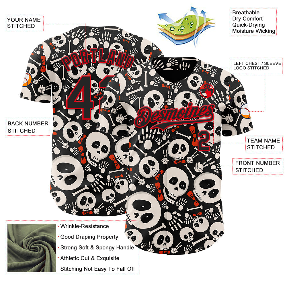 Custom Black Fire Red Sugar Skull Day of the Dead Mexican Folk Art Authentic Baseball Jersey view 3