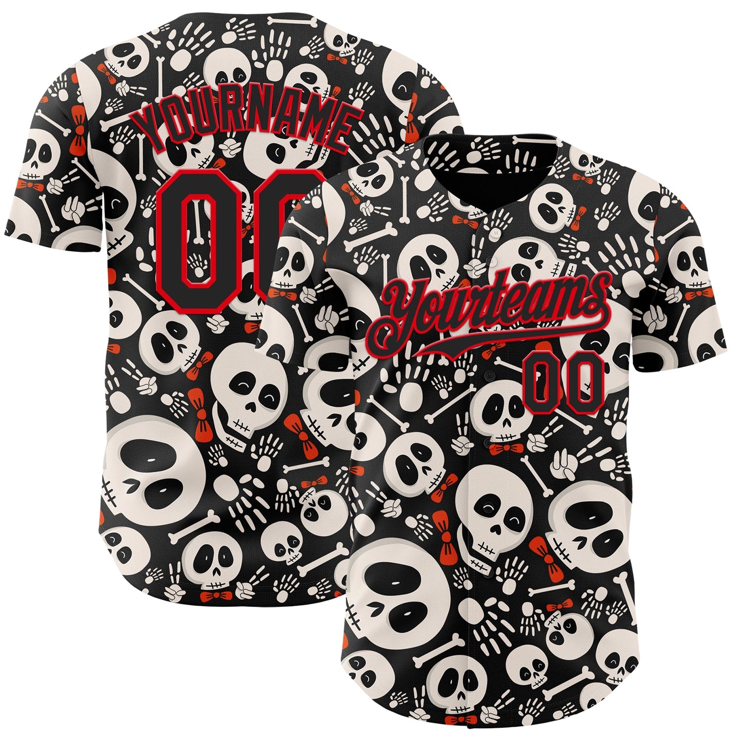 Custom Black Fire Red Sugar Skull Day of the Dead Mexican Folk Art Authentic Baseball Jersey - Main View