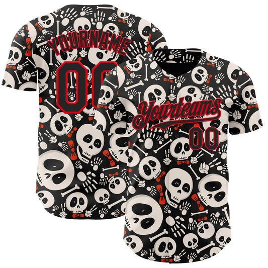 Custom Black Fire Red Sugar Skull Day of the Dead Mexican Folk Art Authentic Baseball Jersey - Main View