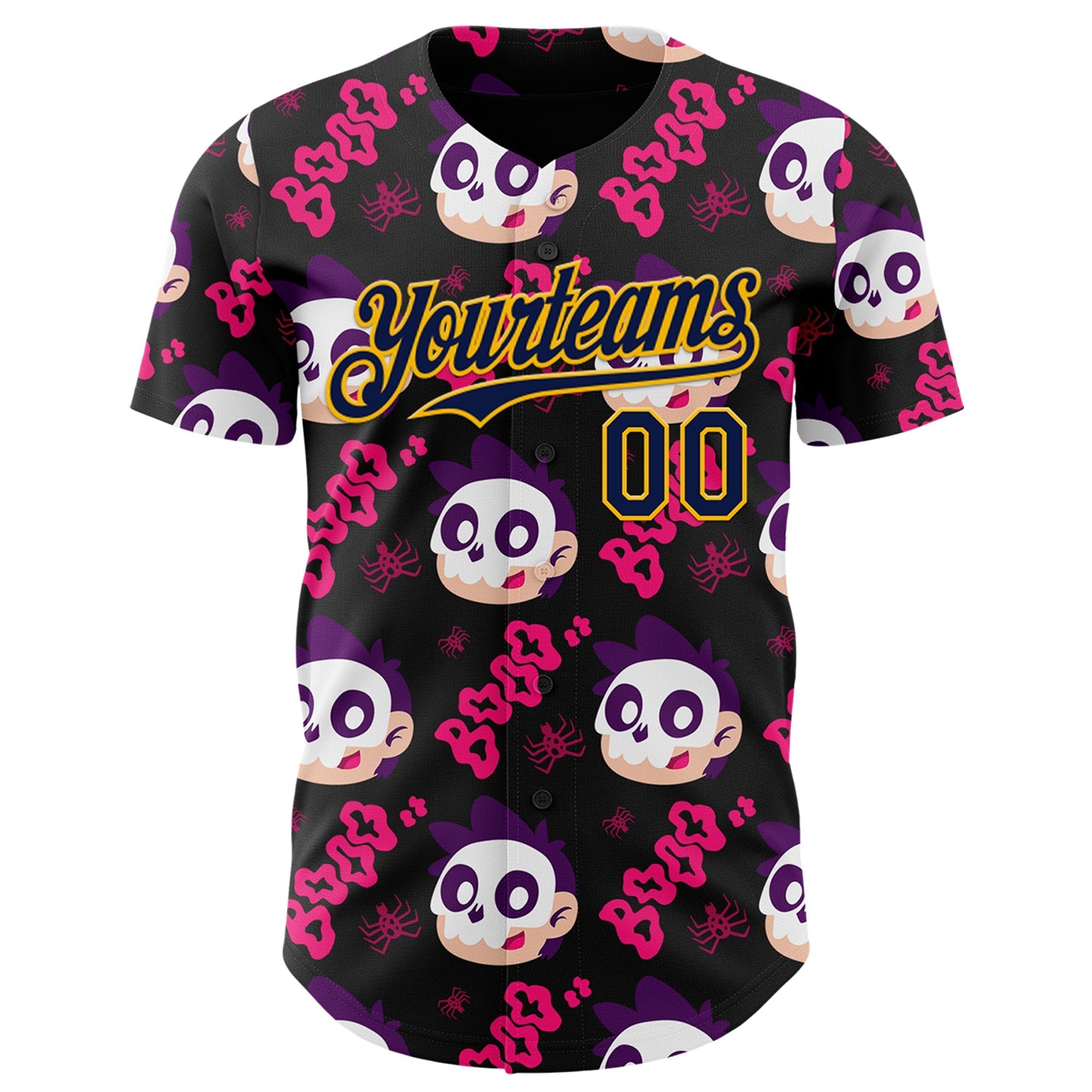 Custom Black Navy Hot Pink-Gold Sugar Skull Day of the Dead Mexican Folk Art Authentic Baseball Jersey view 2