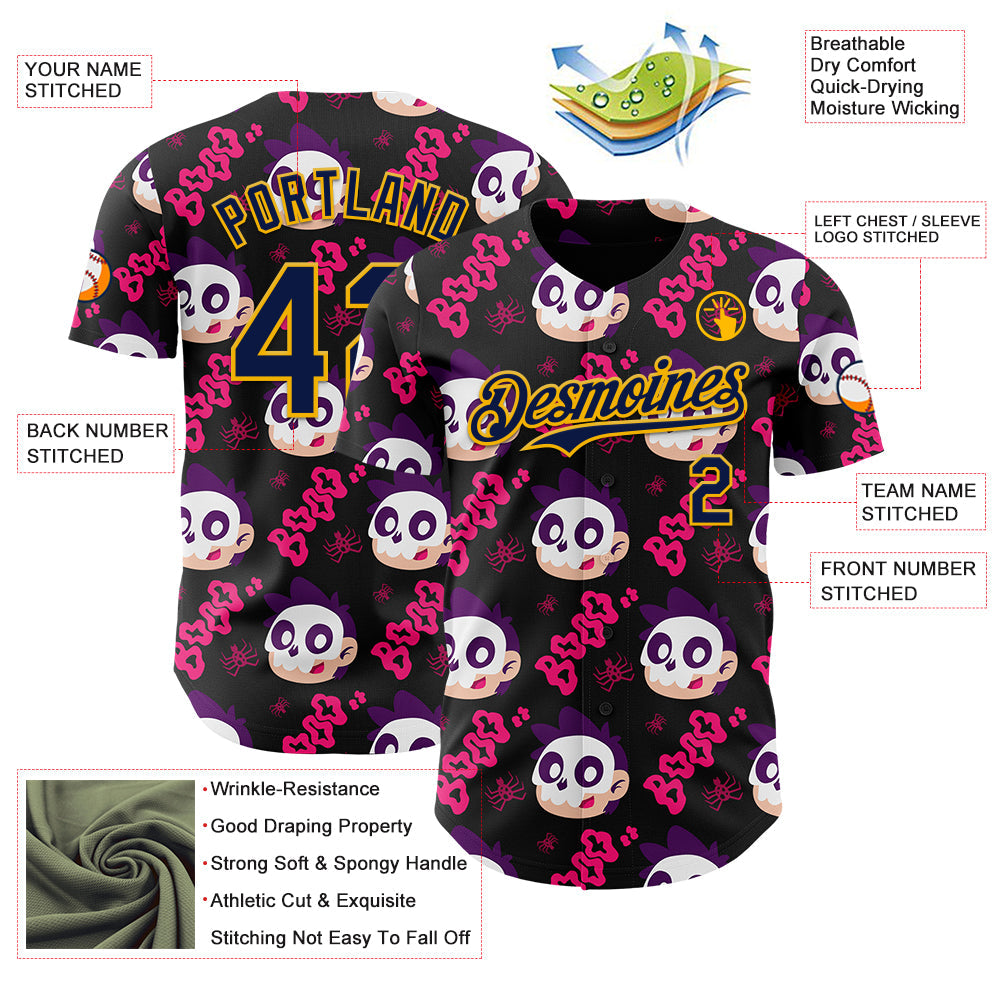Custom Black Navy Hot Pink-Gold Sugar Skull Day of the Dead Mexican Folk Art Authentic Baseball Jersey view 3