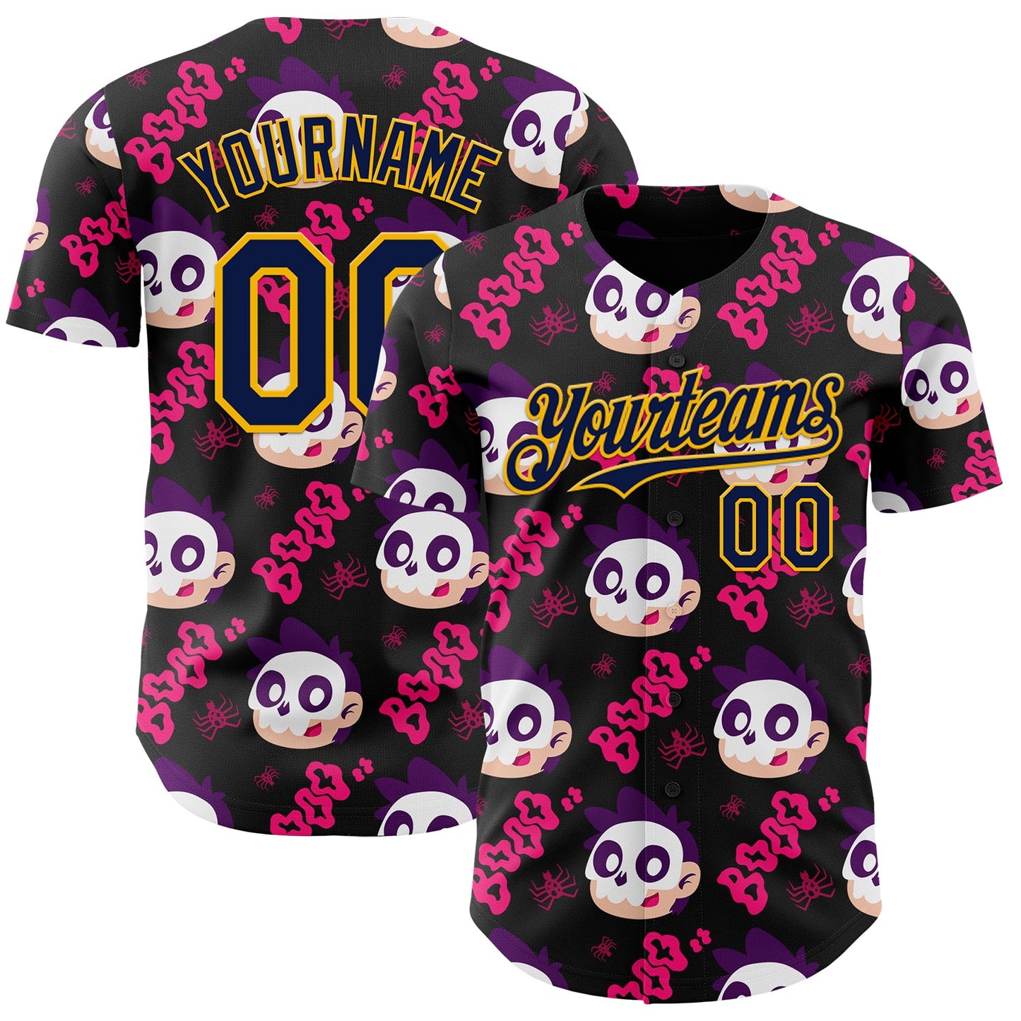Custom Black Navy Hot Pink-Gold Sugar Skull Day of the Dead Mexican Folk Art Authentic Baseball Jersey - Main View