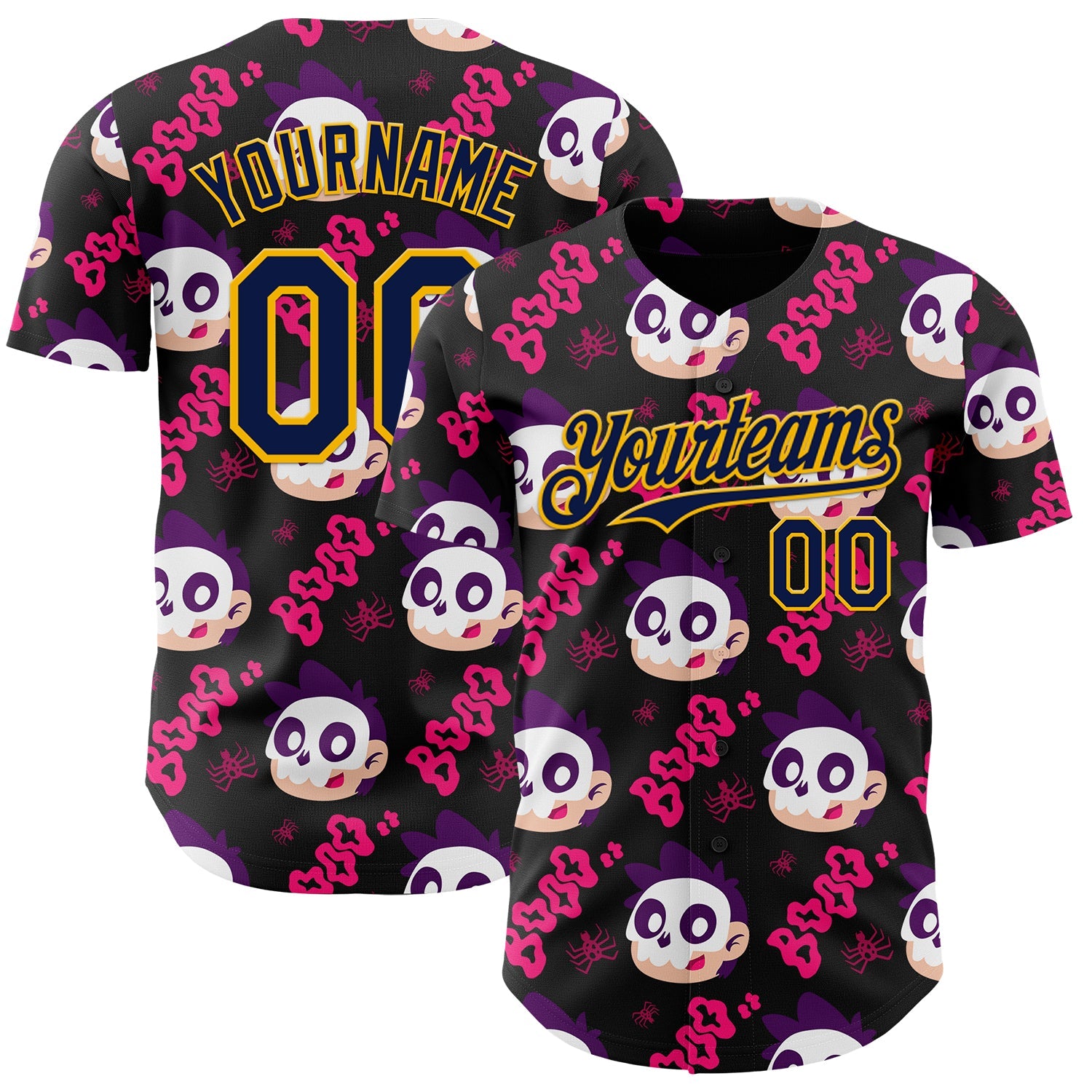 Custom Black Navy Hot Pink-Gold Sugar Skull Day of the Dead Mexican Folk Art Authentic Baseball Jersey - Main View