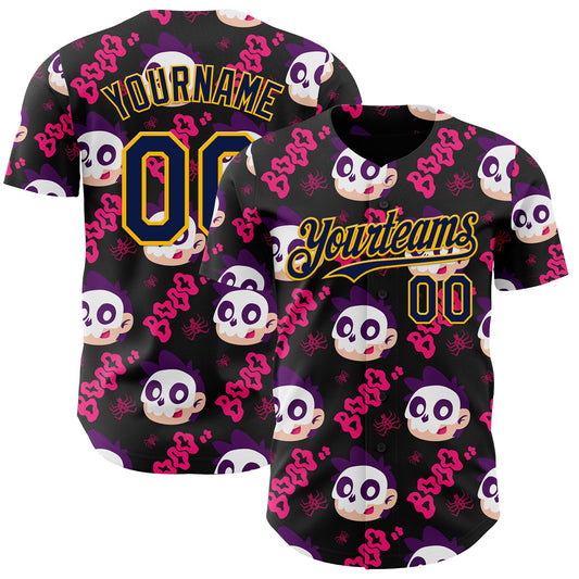 Custom Black Navy Hot Pink-Gold Sugar Skull Day of the Dead Mexican Folk Art Authentic Baseball Jersey - Main View