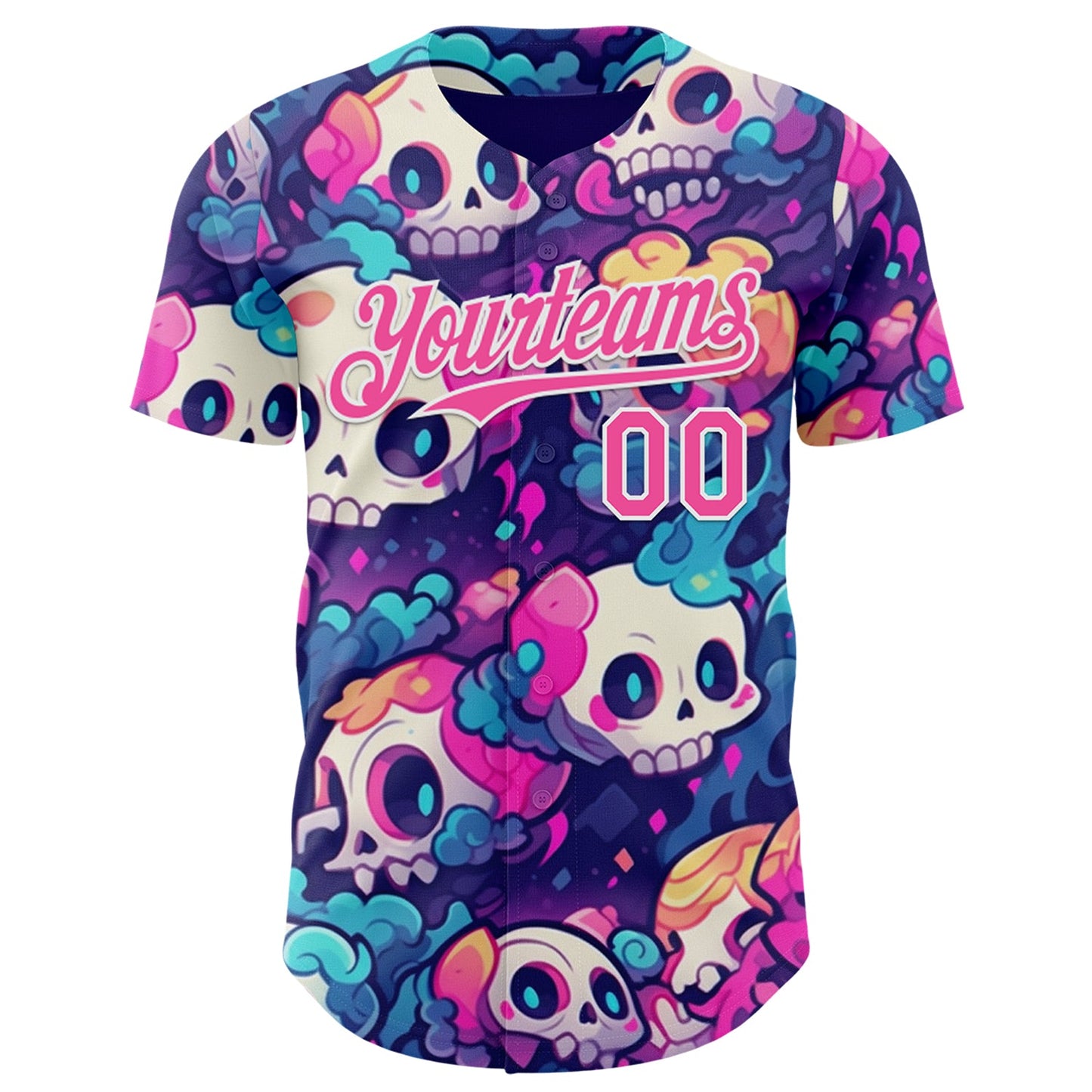 Custom Purple Pink-White Sugar Skull Day of the Dead Mexican Folk Art Authentic Baseball Jersey view 2