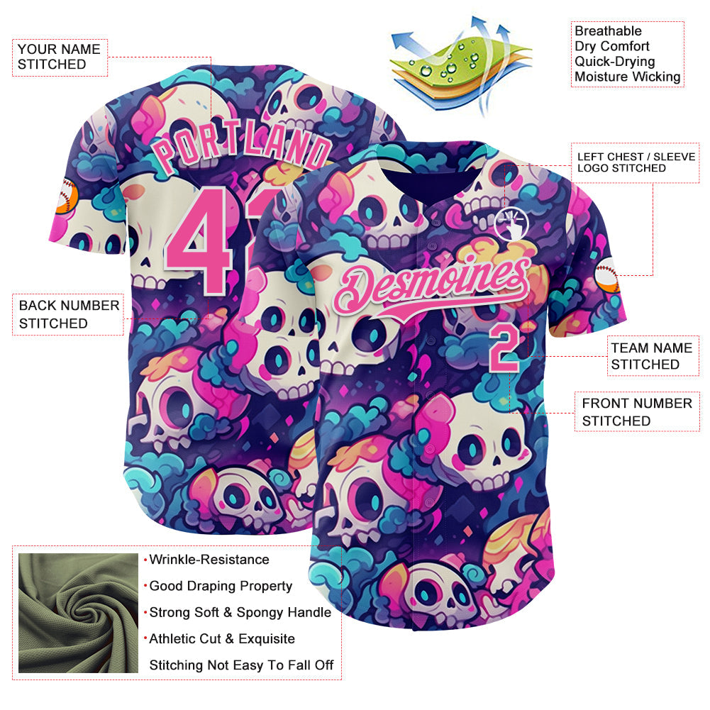 Custom Purple Pink-White Sugar Skull Day of the Dead Mexican Folk Art Authentic Baseball Jersey view 3