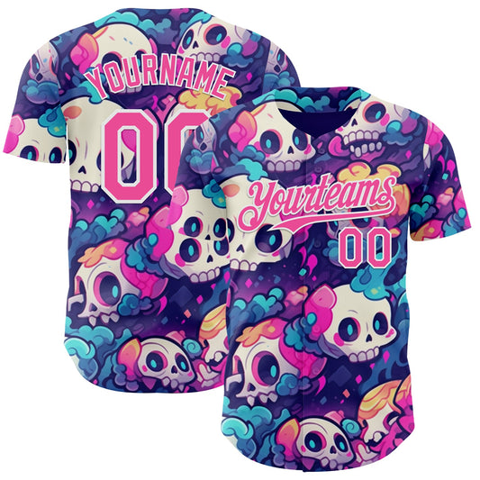 Custom Purple Pink-White Sugar Skull Day of the Dead Mexican Folk Art Authentic Baseball Jersey - Main View