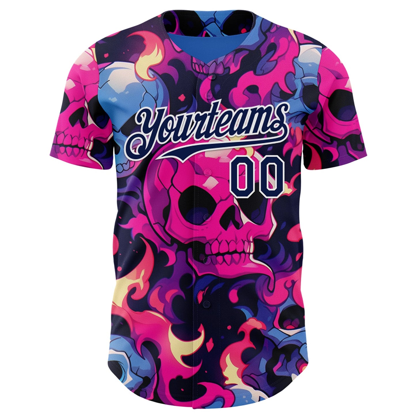 Custom Black Navy Hot Pink Blue-White Sugar Skull Day of the Dead Mexican Folk Art Authentic Baseball Jersey view 2