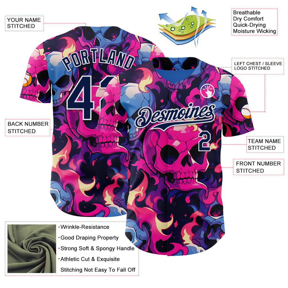 Custom Black Navy Hot Pink Blue-White Sugar Skull Day of the Dead Mexican Folk Art Authentic Baseball Jersey view 3