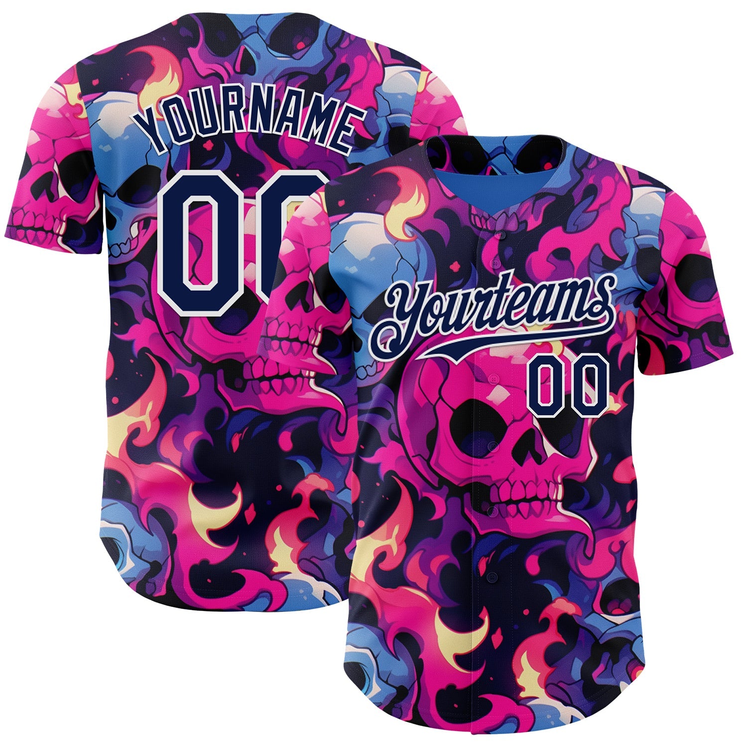 Custom Black Navy Hot Pink Blue-White Sugar Skull Day of the Dead Mexican Folk Art Authentic Baseball Jersey - Main View