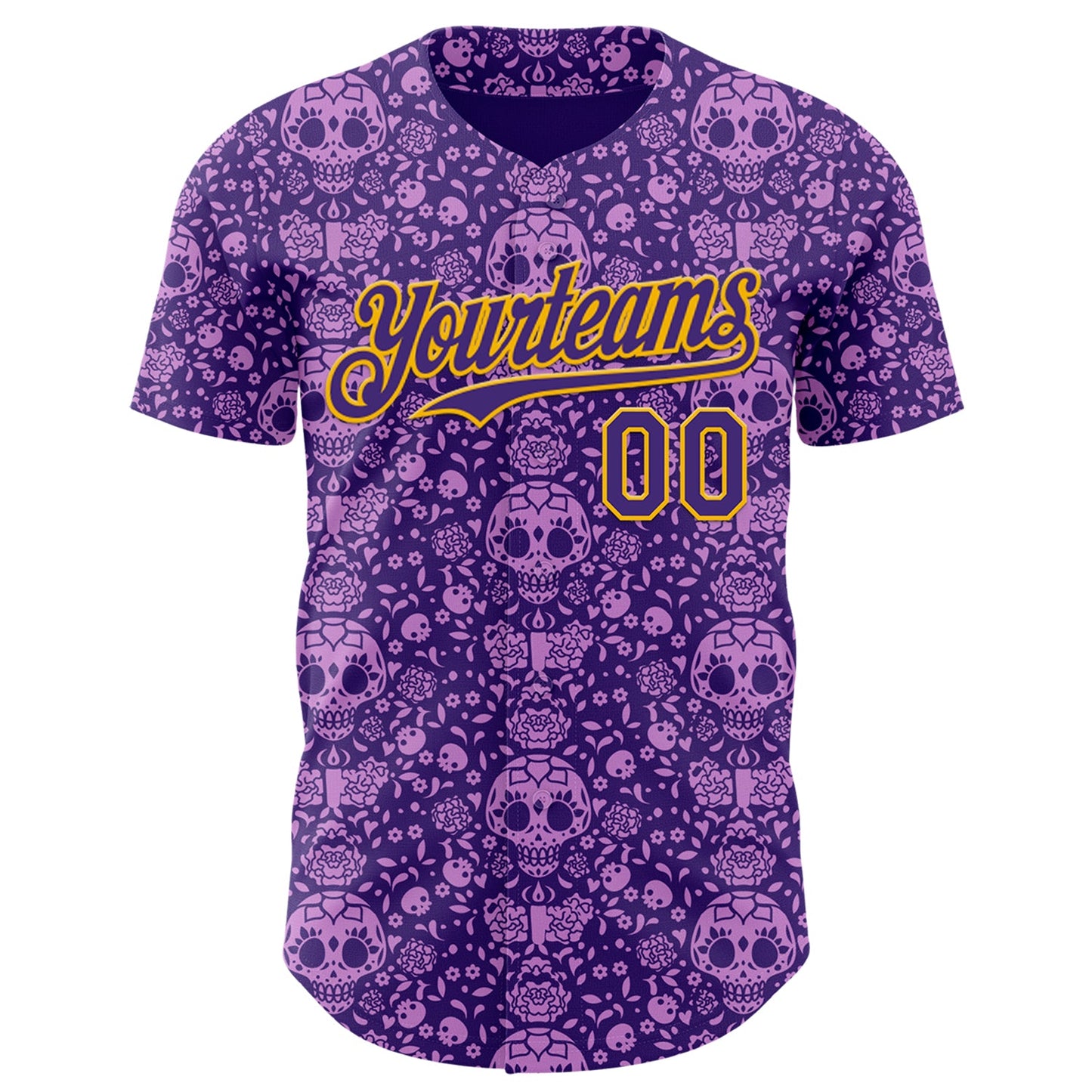 Custom Purple Gold Sugar Skull Day of the Dead Mexican Folk Art Authentic Baseball Jersey view 2