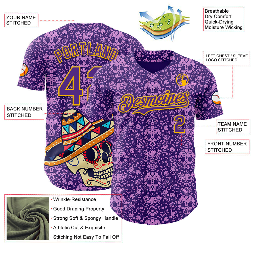 Custom Purple Gold Sugar Skull Day of the Dead Mexican Folk Art Authentic Baseball Jersey view 3