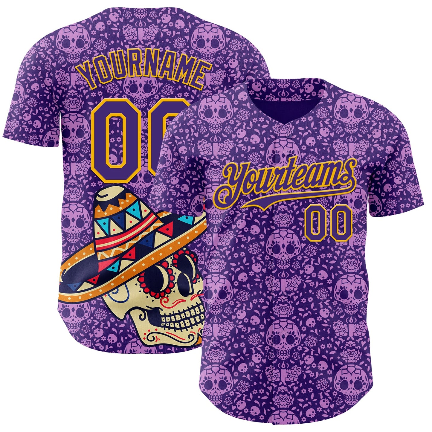 Custom Purple Gold Sugar Skull Day of the Dead Mexican Folk Art Authentic Baseball Jersey - Main View