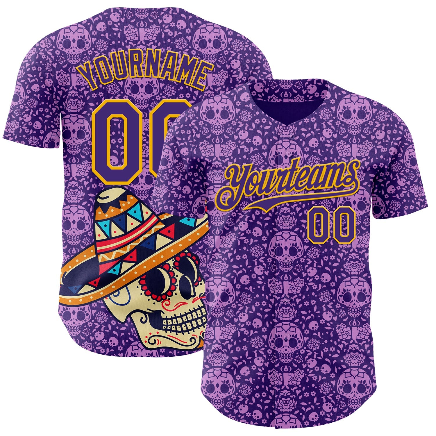 Custom Purple Gold Sugar Skull Day of the Dead Mexican Folk Art Authentic Baseball Jersey - Main View