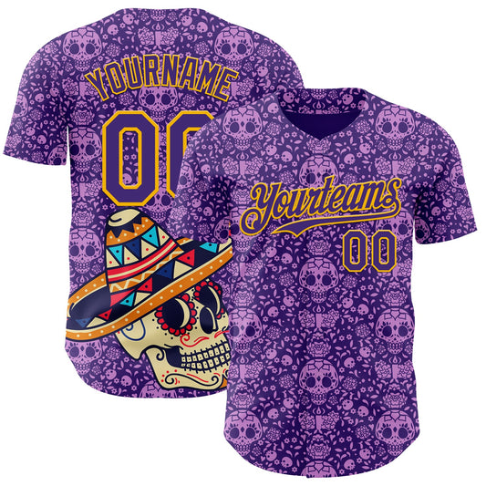Custom Purple Gold Sugar Skull Day of the Dead Mexican Folk Art Authentic Baseball Jersey - Main View