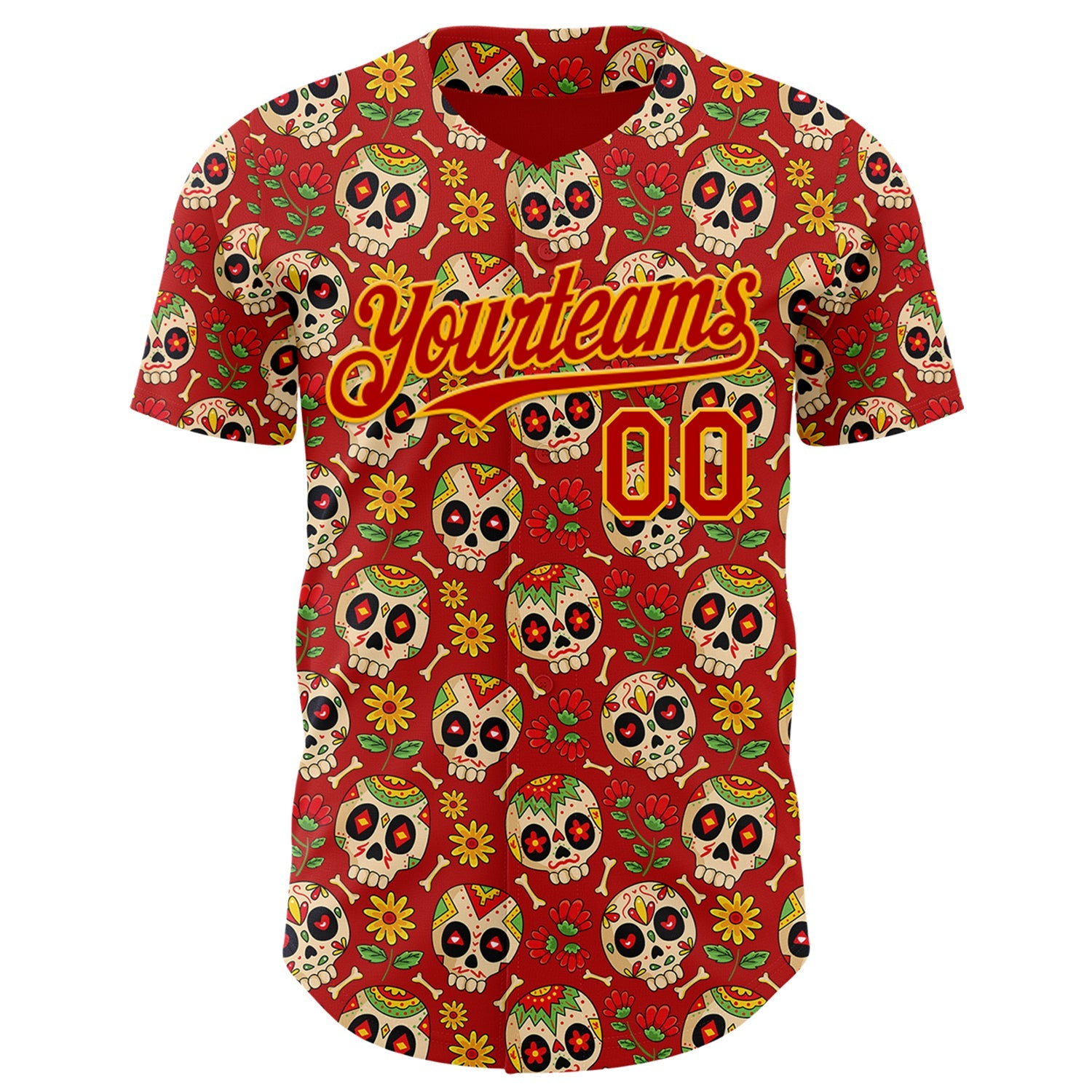Custom Red Yellow Sugar Skull Day of the Dead Mexican Folk Art Authentic Baseball Jersey view 2