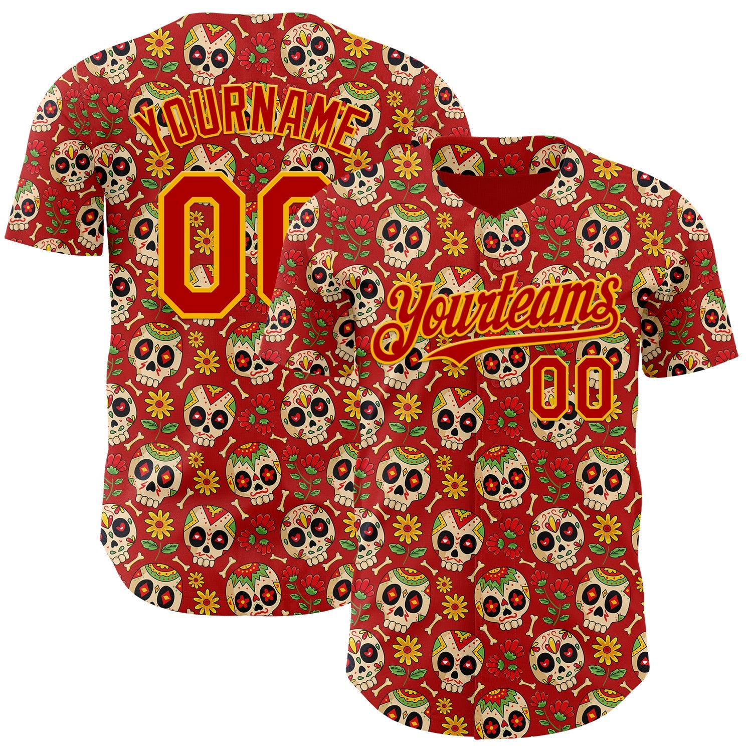 Custom Red Yellow Sugar Skull Day of the Dead Mexican Folk Art Authentic Baseball Jersey - Main View