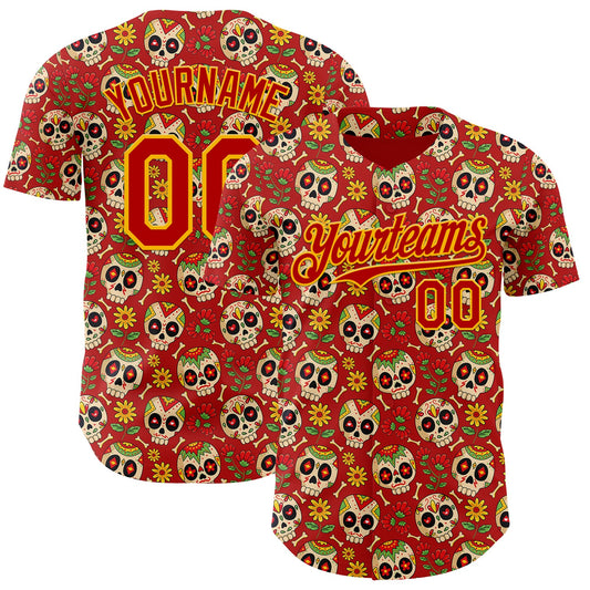 Custom Red Yellow Sugar Skull Day of the Dead Mexican Folk Art Authentic Baseball Jersey - Main View