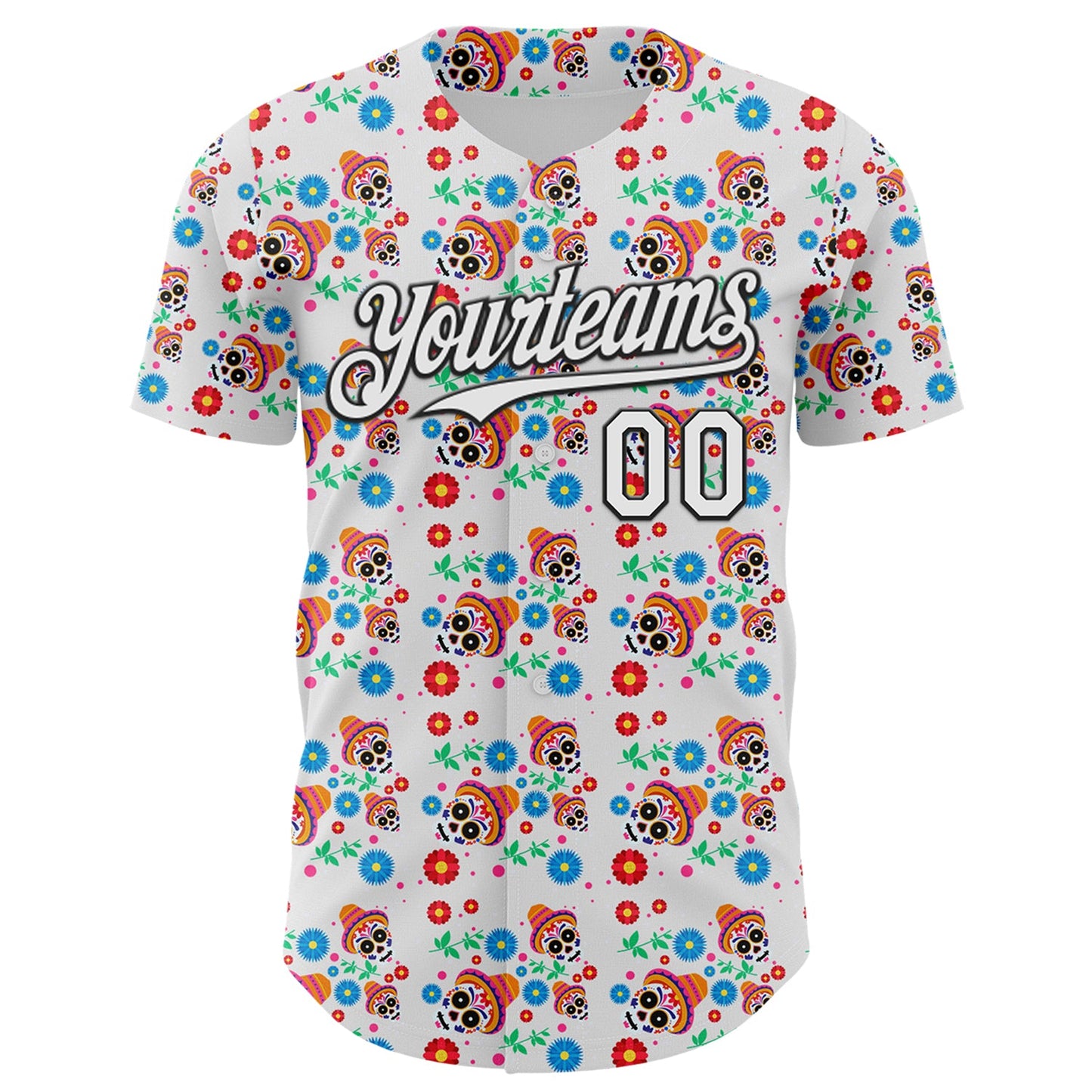 Custom White Black Sugar Skull Day of the Dead Mexican Folk Art Authentic Baseball Jersey view 2