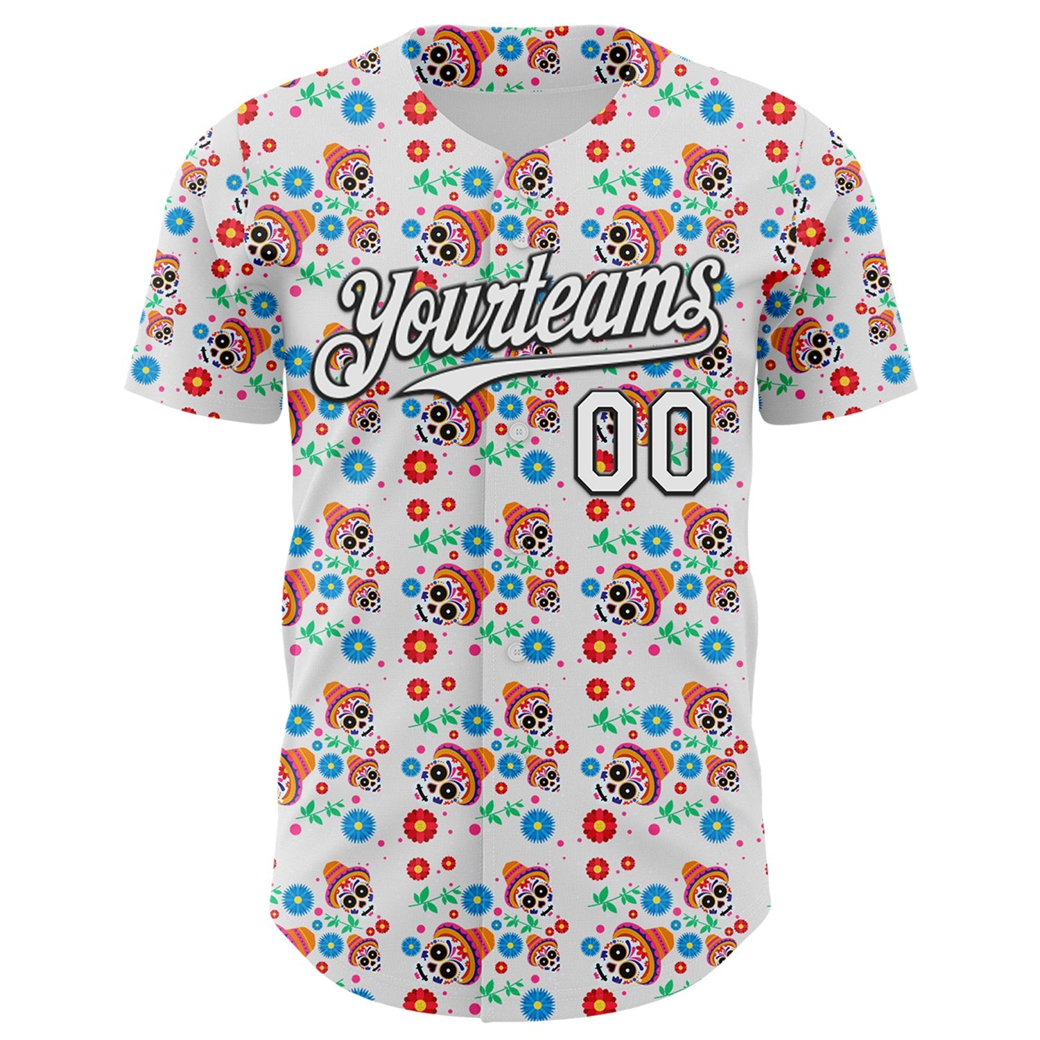 Custom White Black Sugar Skull Day of the Dead Mexican Folk Art Authentic Baseball Jersey view 2