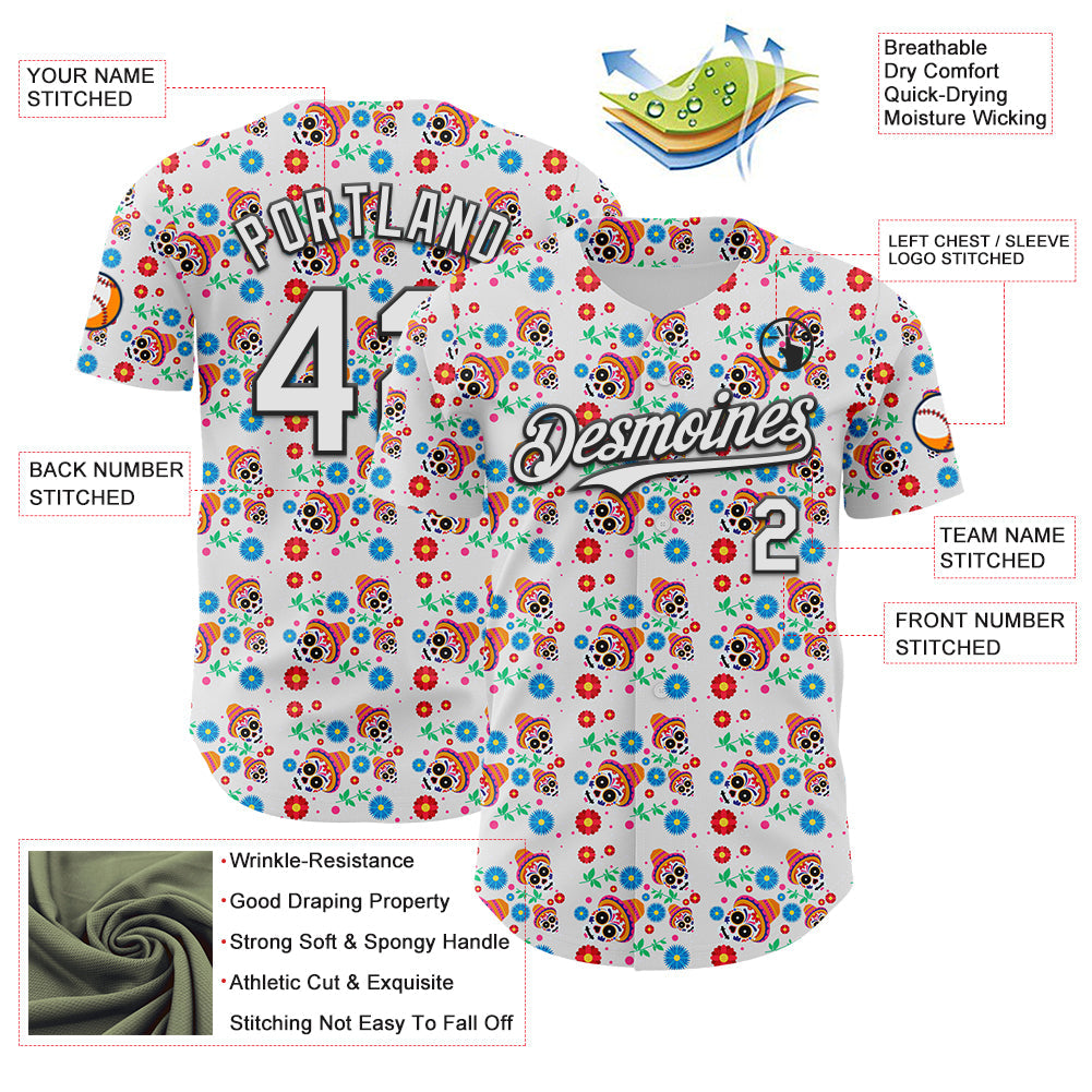 Custom White Black Sugar Skull Day of the Dead Mexican Folk Art Authentic Baseball Jersey view 3