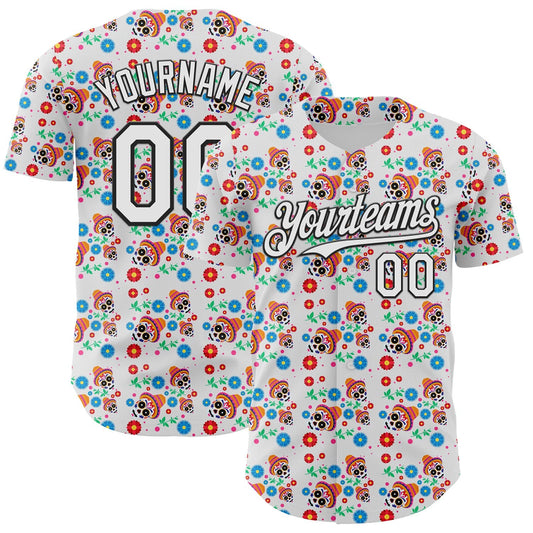 Custom White Black Sugar Skull Day of the Dead Mexican Folk Art Authentic Baseball Jersey - Main View
