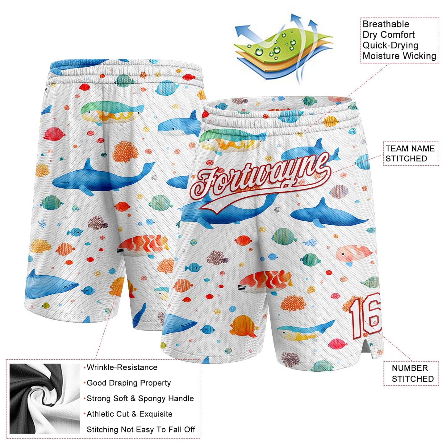 Custom White Red 3D Pattern Whale And Fish Authentic Basketball Shorts view 2