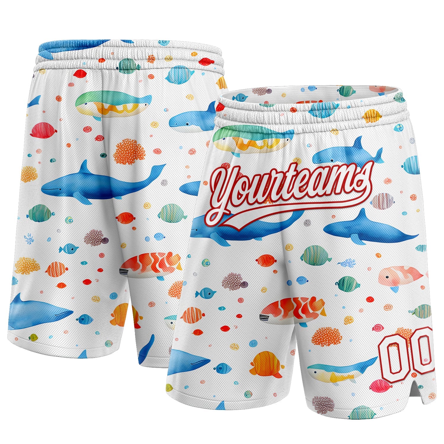 Custom White Red 3D Pattern Whale And Fish Authentic Basketball Shorts - Main View