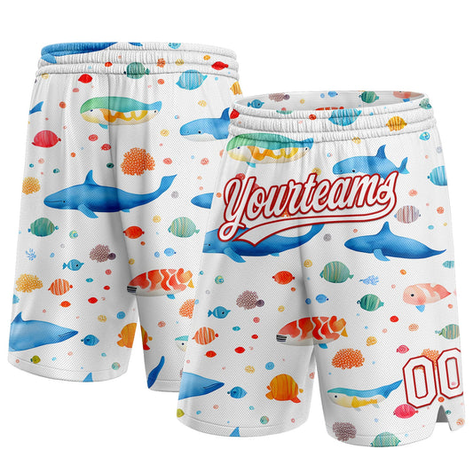 Custom White Red 3D Pattern Whale And Fish Authentic Basketball Shorts - Main View