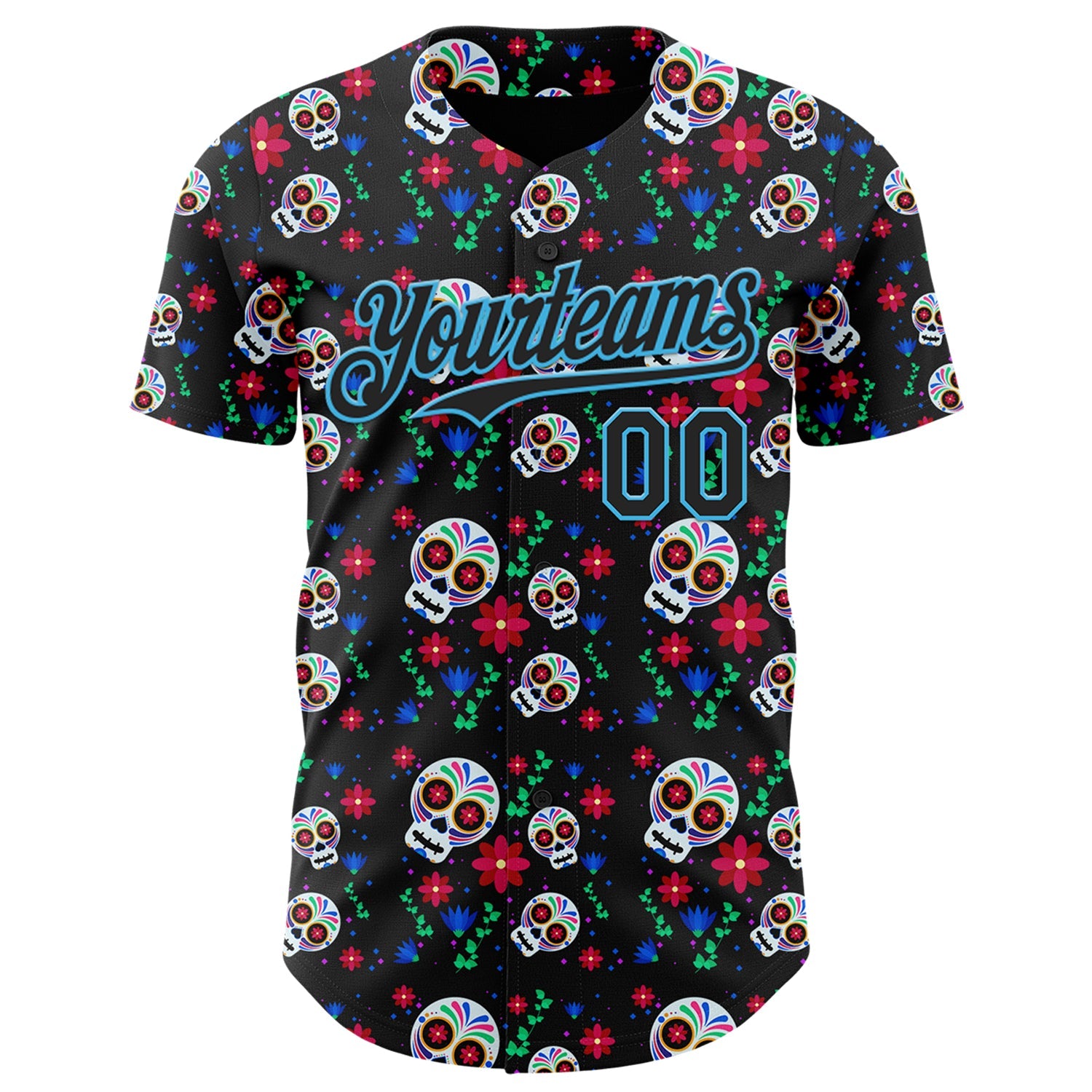 Custom Black Sky Blue Sugar Skull Day of the Dead Mexican Folk Art Authentic Baseball Jersey view 2