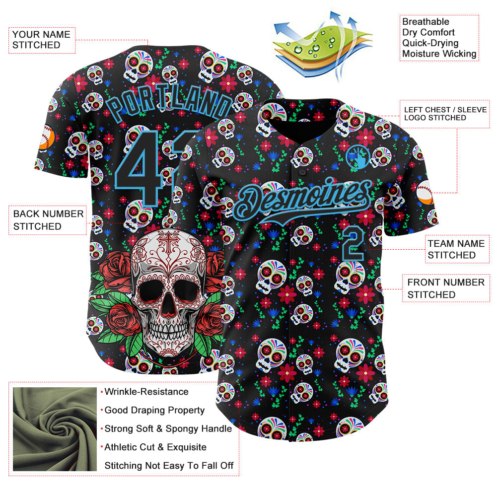 Custom Black Sky Blue Sugar Skull Day of the Dead Mexican Folk Art Authentic Baseball Jersey view 3